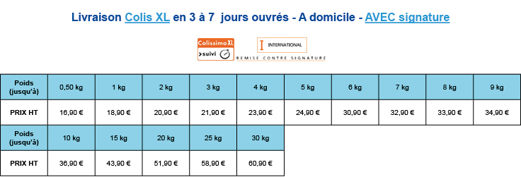 Tarifs de livraison Colis XL suivant tranche de poids en livraison Suisse AVEC signature